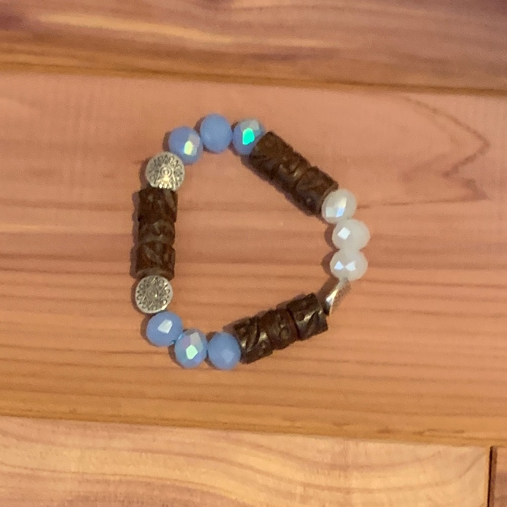 Blue Crystal and Carved Wood Bracelet